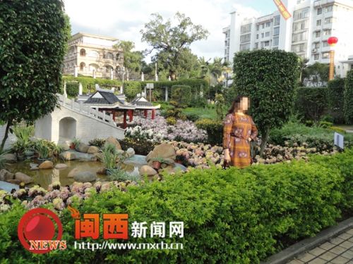 一位市民越過(guò)綠化帶，踩到花叢中拍照